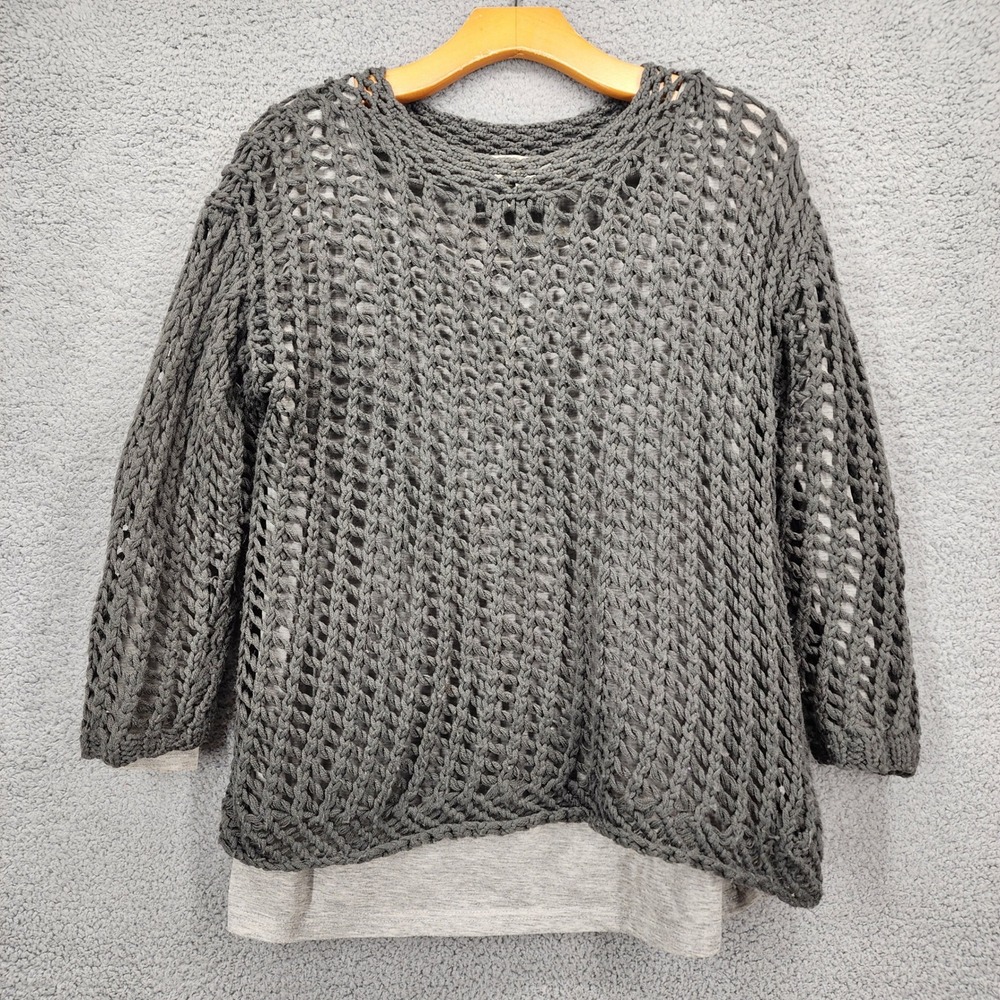 Joie Gray Wool Open Knit Layered Sweater Crew Neck 3/4 Sleeve Womens Large